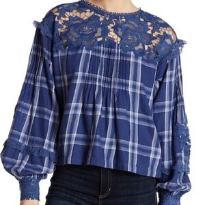 Free People Darling Diana Women's Medium Blue Plaid Ballon Sleeve Flowy Blouse